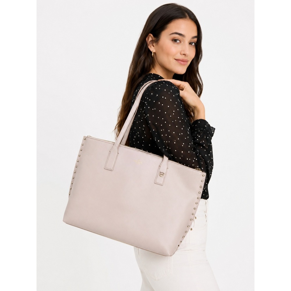Kate Spade New York Blush Pink Leather Studded Zip Top Tote Shoulder Bag Large